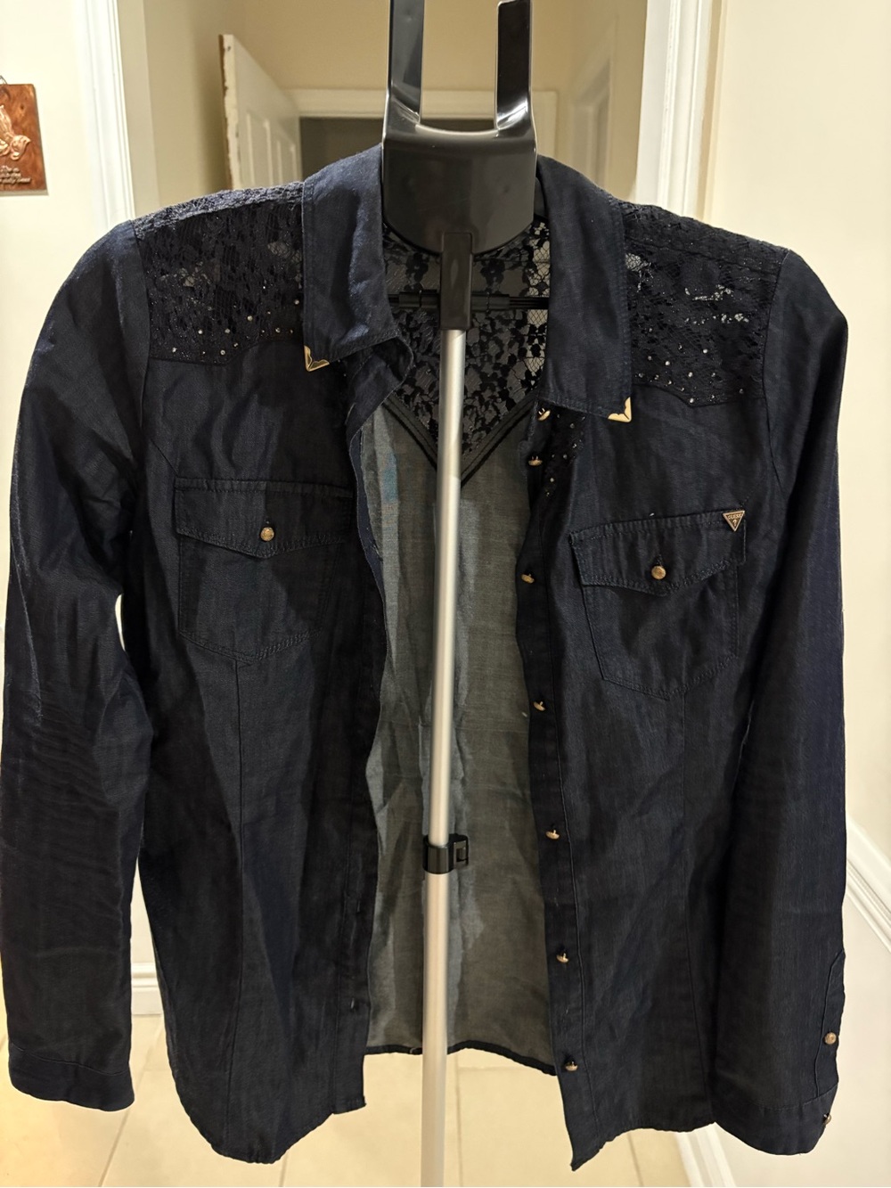 GUESS Y2K Black Denim Cotton Lace Embellished Western Shirt Blouse Studded  S